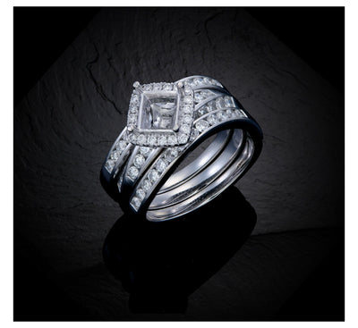 Custom Princess Cut Diamond Ring with Diagonal Halo and Shadow Bands