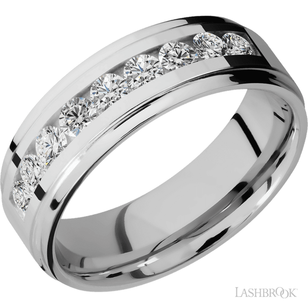 7 mm wide/Flat Grooved Edges/Cobalt Chrome band with an  arrangement of 9, .1 carat Round Diamond stones in a Channel setting.