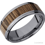 8 mm wide/Flat Grooved Edges/Tantalum band with one 5 mm Centered inlay of Walnut.