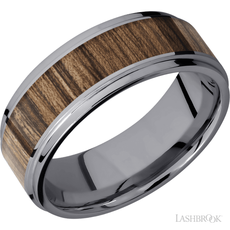 8 mm wide/Flat Grooved Edges/Tantalum band with one 5 mm Centered inlay of Walnut.