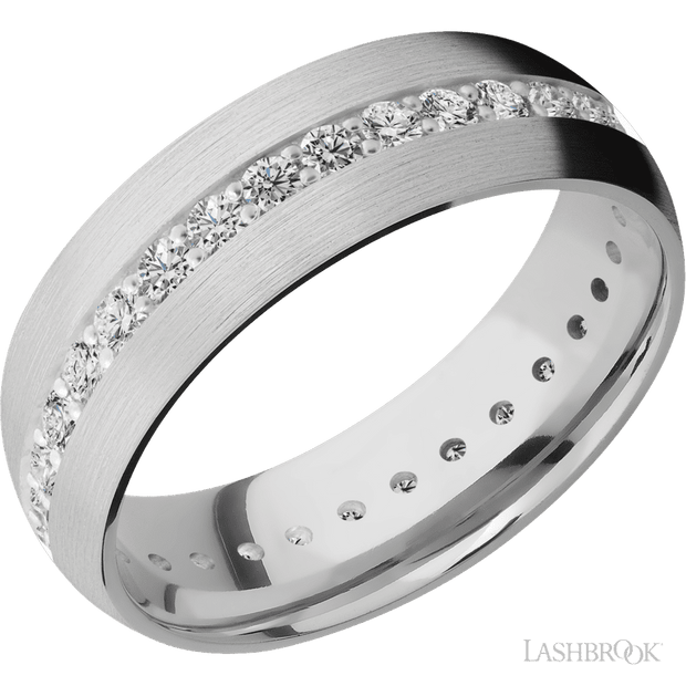 7 mm wide/Domed/14K White Gold band with an Eternity arrangement of .03 carat Round Diamond stones in a Bead Channel setting.