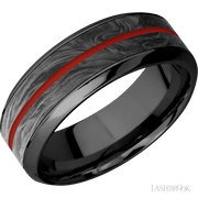 8 mm wide/High Bevel/Zirconium band featuring inlays of Forged Carbon Fiber and Red Apple.