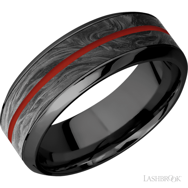 8 mm wide/High Bevel/Zirconium band featuring inlays of Forged Carbon Fiber and Red Apple.