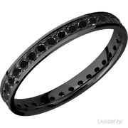 3 mm wide/Flat/Zirconium band with an Eternity arrangement of .03 carat Round Black Diamond stones in a Bead setting.