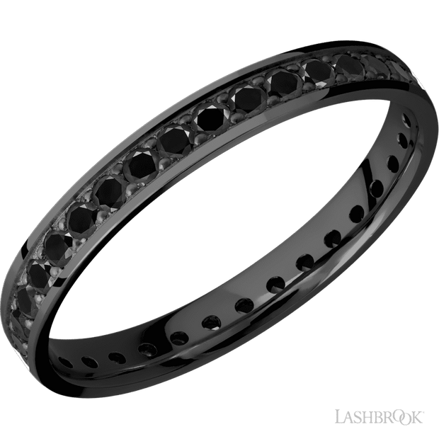 3 mm wide/Flat/Zirconium band with an Eternity arrangement of .03 carat Round Black Diamond stones in a Bead setting.