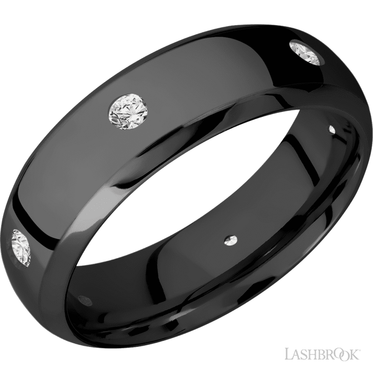 7 mm wide/Domed Bevel/Zirconium band with a 6X Even arrangement of .07 carat Round Diamond stones in a Flush setting.