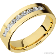 6 mm wide/Flat/14K Yellow Gold band with an  arrangement of 9, .07 carat Round Diamond stones in a Channel setting.
