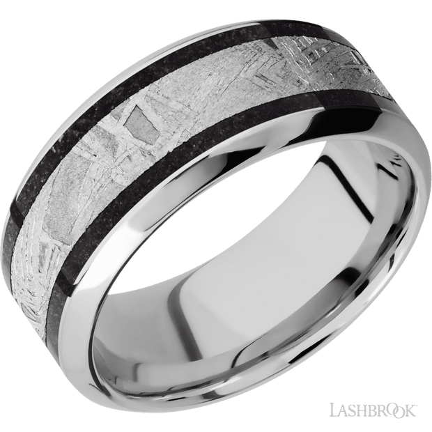 9 mm wide/High Bevel/Cobalt Chrome band featuring inlays of Dinosaur Bone Black and Meteorite.