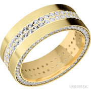 8 mm wide/Flat/14K Yellow Gold band with a Side Eternity arrangement of .01 carat Round Diamond stones in a Bead Channel setting and featuring a a 2 Row Eternity arrangement of .015 carat Round Diamond stones in a Bead Channel setting