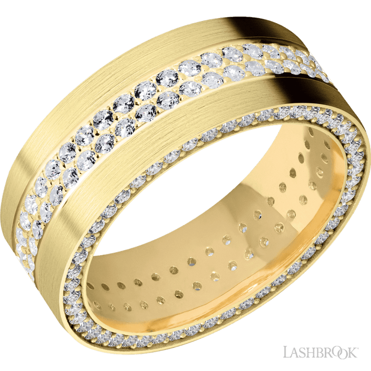 8 mm wide/Flat/14K Yellow Gold band with a Side Eternity arrangement of .01 carat Round Diamond stones in a Bead Channel setting and featuring a a 2 Row Eternity arrangement of .015 carat Round Diamond stones in a Bead Channel setting