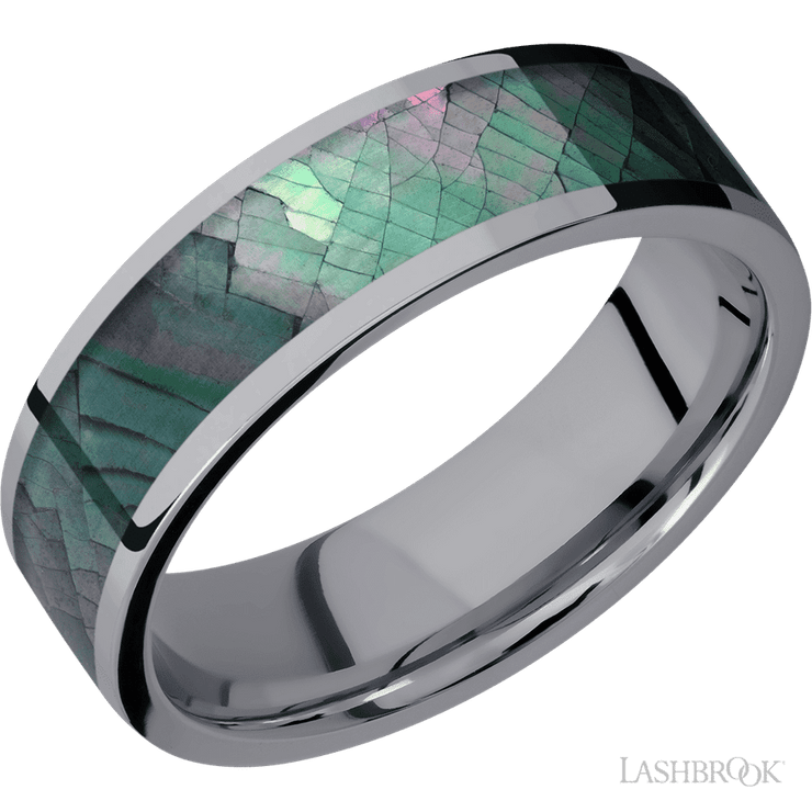 7 mm wide/Flat/Tantalum band with one 5 mm Centered inlay of Black Mother of Pearl.