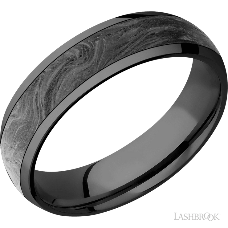 6 mm wide/Domed/Zirconium band with one 4 mm Centered inlay of Forged Carbon Fiber.