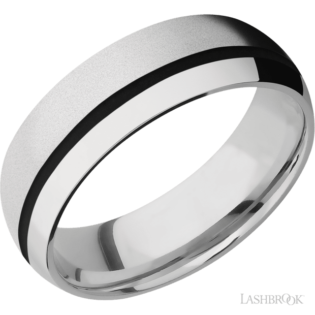 7 mm wide/Domed/Cobalt Chrome band with one 1 mm Off Center inlay of Black.