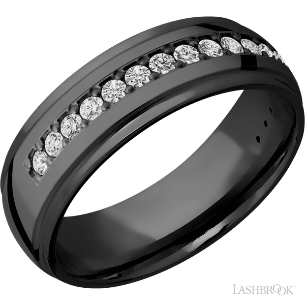 7 mm wide/Domed Stepped Down Edges/Zirconium band with a Half Eternity arrangement of .03 carat Round Diamond stones in a Bead setting.