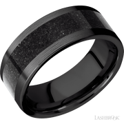 8 mm wide/Flat/Zirconium band with one 5 mm Centered inlay of Dinosaur Bone Black.