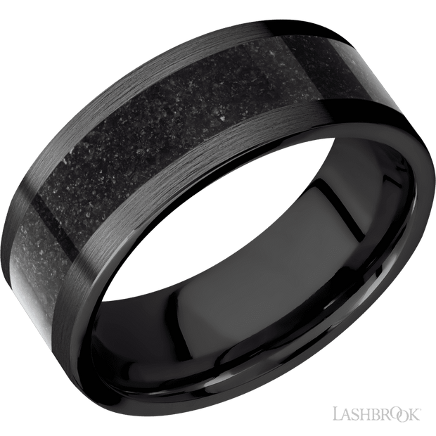 8 mm wide/Flat/Zirconium band with one 5 mm Centered inlay of Dinosaur Bone Black.
