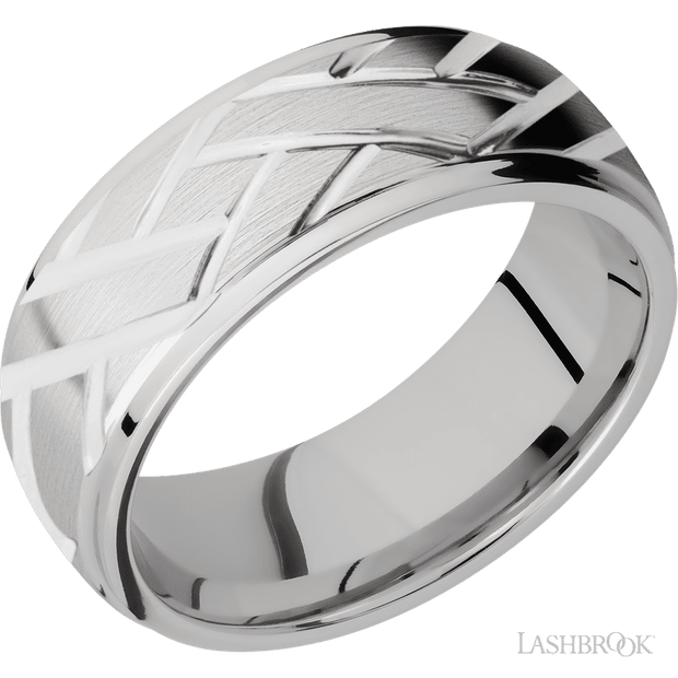 8 mm wide/Domed Stepped Down Edges/14K White Gold band with a machined Lattice pattern.