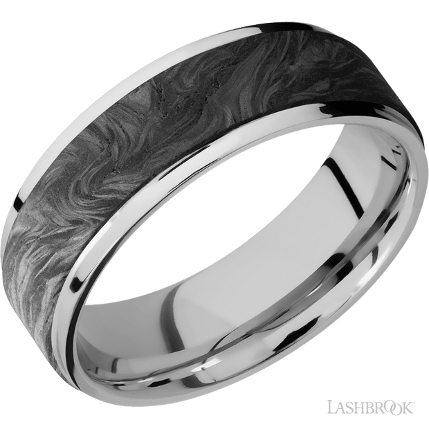 7 mm wide/Flat Grooved Edges/Cobalt Chrome band with one 5 mm Raised Centered inlay of Forged Carbon Fiber.