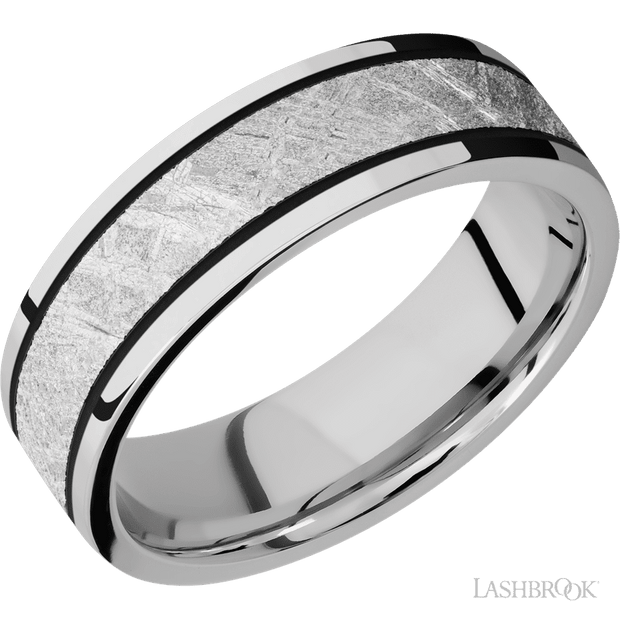 7 mm wide/Flat/Cobalt Chrome band with one 4 mm Centered inlay of Meteorite.