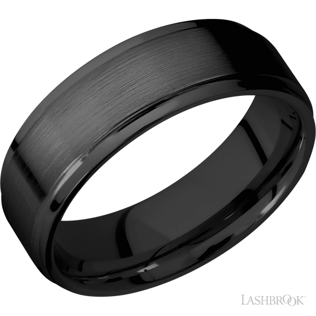 7 mm wide Flat Grooved Edges Zirconium band.