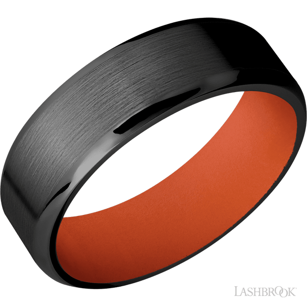 7 mm wide Beveled Zirconium band featuring a Hunter Orange sleeve.