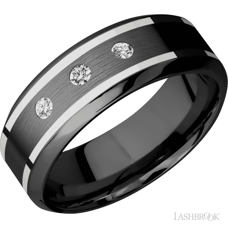 8 mm wide/High Bevel/Zirconium band with  two 1 mm Wide inlays of 14K White Gold and featuring an  arrangement of 3, .05 carat Round Diamond (ST) stones in a Flush setting