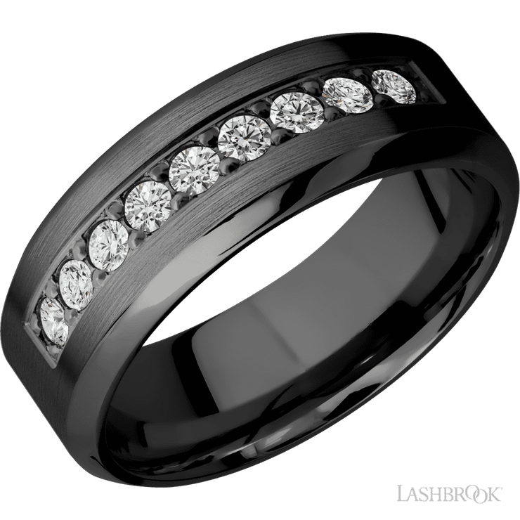 8 mm wide/High Bevel/Zirconium band with an  arrangement of 9, .05 carat Round Diamond stones in a Bead setting.