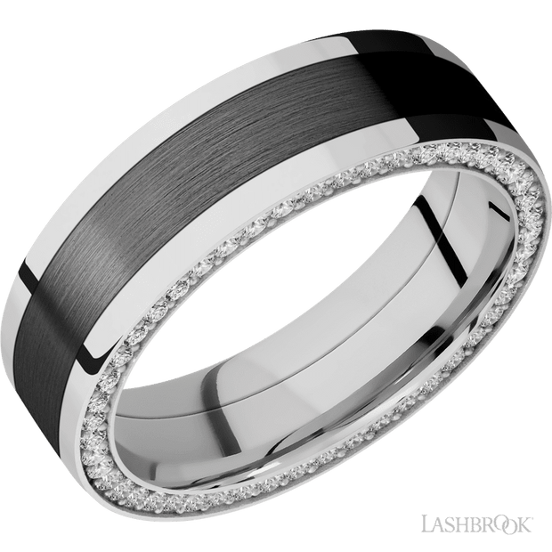 7 mm wide/Flat/14K White Gold band with  one 4 mm Centered inlay of Zirconium and featuring a Side Eternity arrangement of .01 carat Round Diamond stones in a Bead Channel setting
