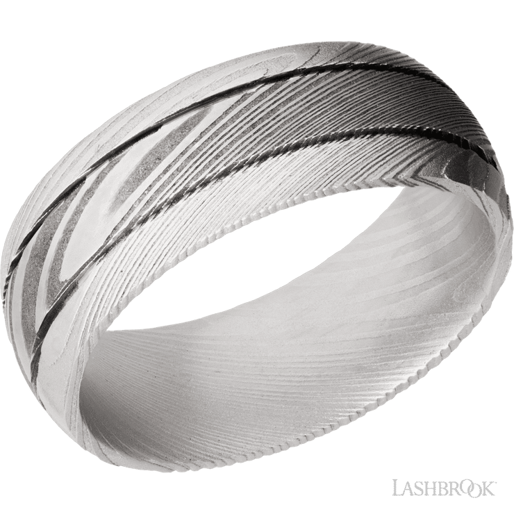 8 mm wide Domed with two accent grooves Damascus band.