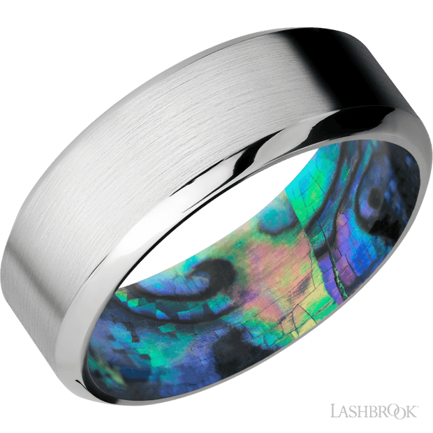 8 mm wide High Bevel Cobalt Chrome band featuring a Abalone sleeve.
