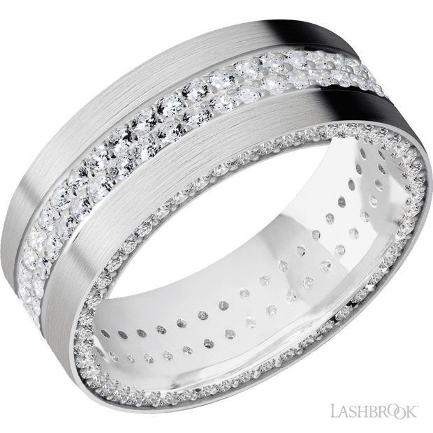 8 mm wide/Flat/14K White Gold band with a Side Eternity arrangement of .01 carat Round Diamond stones in a Bead Channel setting and featuring a a 2 Row Eternity arrangement of .015 carat Round Diamond stones in a Bead Channel setting