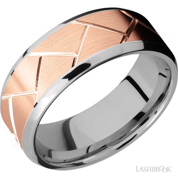 8 mm wide/Beveled/14K White Gold band with one 6 mm Centered inlay of 14K Rose Gold with a machined Flatweave pattern.