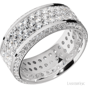 10 mm wide/High Bevel/14K White Gold band with a Bevel Eternity arrangement of .01 carat Round Diamond stones in a Bead setting and featuring a a 3 Row Eternity arrangement of .03 carat Round Diamond stones in a Bead Channel setting