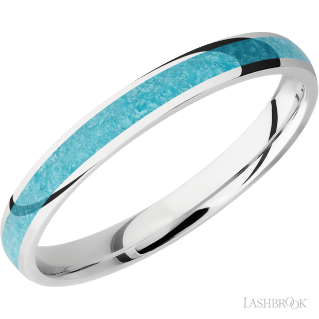 3 mm wide/Domed/Cobalt Chrome band with one 2 mm Centered inlay of Turquoise.