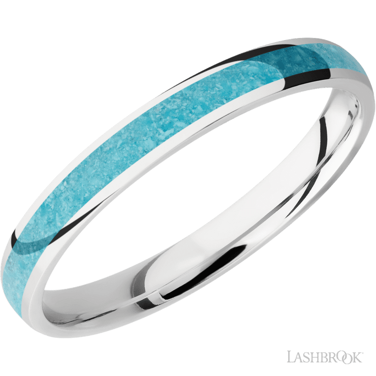3 mm wide/Domed/Cobalt Chrome band with one 2 mm Centered inlay of Turquoise.