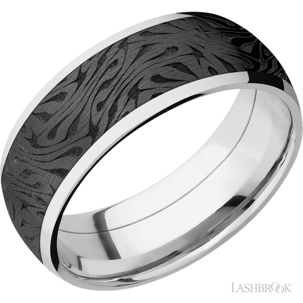 8 mm wide/Domed/Cobalt Chrome band with one 6 mm Centered inlay of Zirconium with a laser carved Escher 1 pattern.