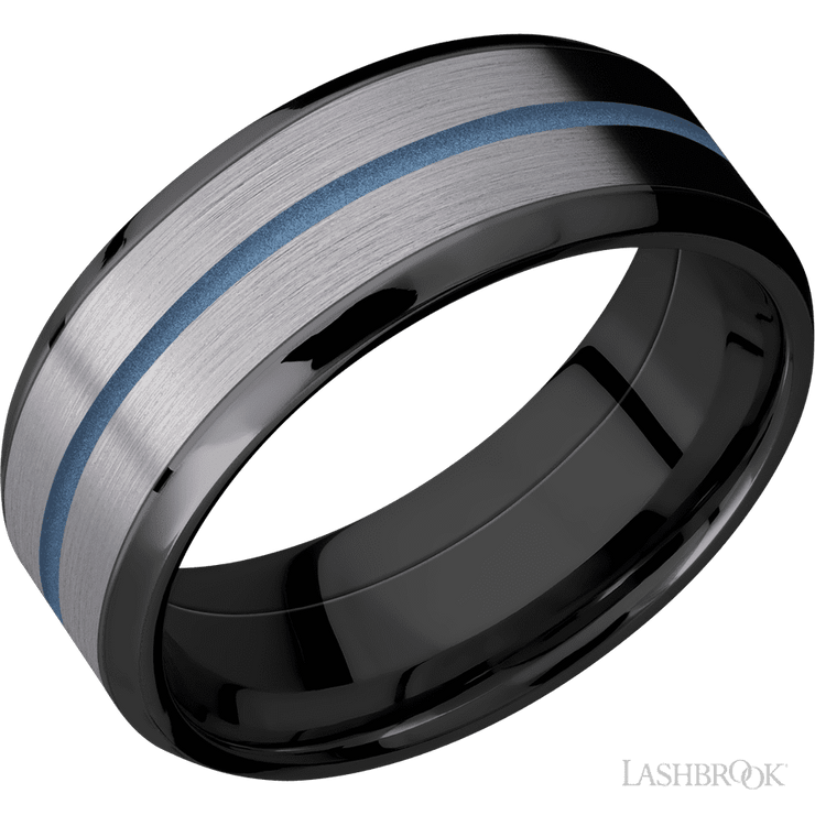 8 mm wide/Beveled/Zirconium band featuring inlays of Tantalum and Polar Blue.