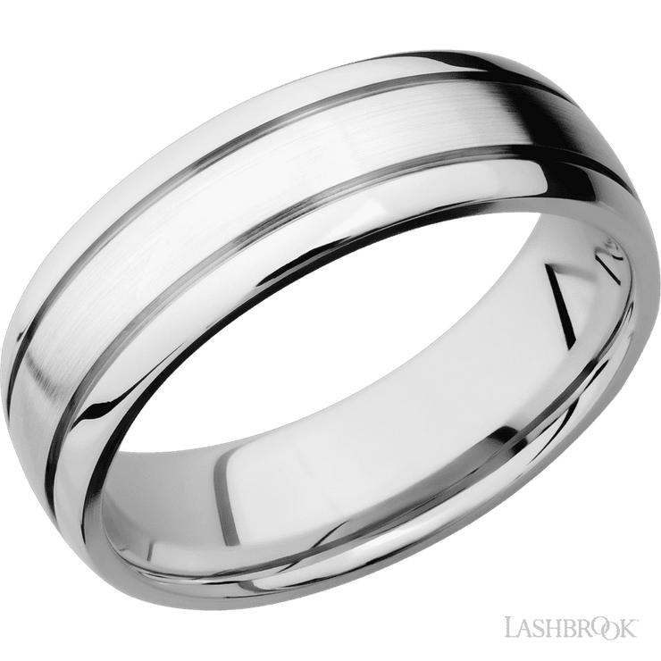 7 mm wide Domed with two accent grooves 14K White Gold band.