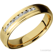 5 mm wide/Flat Grooved Edges/14K Yellow Gold band with an  arrangement of 9, .03 carat Round Diamond stones in a Channel setting.
