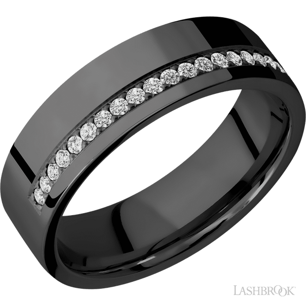7 mm wide/Flat/Zirconium band with a Off Center Half Eternity arrangement of .015 carat Round Diamond stones in a Bead setting.