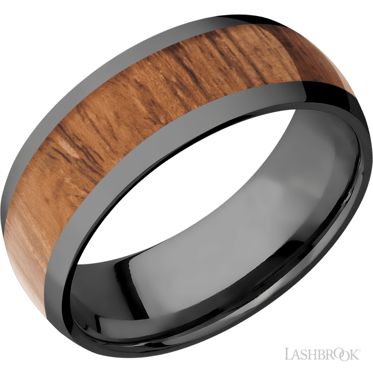 8 mm wide/Domed/Zirconium band with one 5 mm Centered inlay of Desert Iron Wood.