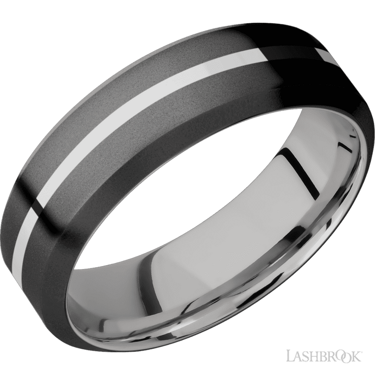 7 mm wide/High Bevel/Zirconium band with one 1 mm Centered inlay of Palladium Silver also featuring a Palladium Silver sleeve.