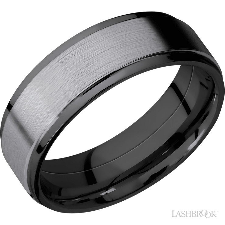 7 mm wide/Flat Grooved Edges/Zirconium band with one 5 mm Raised Centered inlay of Tantalum.