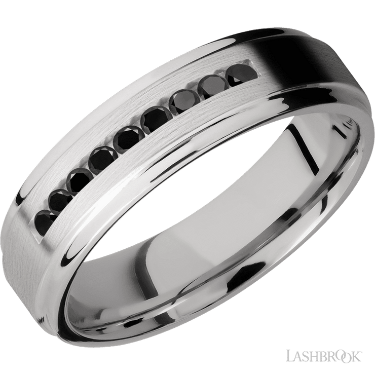 6 mm wide/Flat Grooved Edges/Cobalt Chrome band with an  arrangement of 9, .03 carat Round Black Diamond stones in a Channel setting.