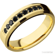 6 mm wide/Beveled/14K Yellow Gold band with an  arrangement of 9, .05 carat Round Black Diamond stones in a Bead Channel setting.