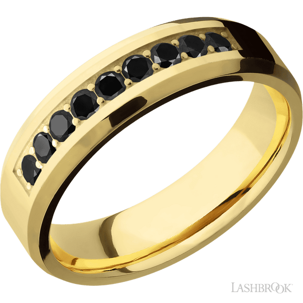 6 mm wide/Beveled/14K Yellow Gold band with an  arrangement of 9, .05 carat Round Black Diamond stones in a Bead Channel setting.