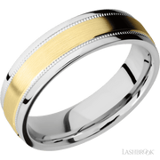 6 mm wide/Flat Stepped Edges Milgrain/Cobalt Chrome band with one 3 mm Raised Centered inlay of 14K Yellow Gold.