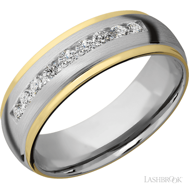 7 mm wide/Domed Stepped Down Edges/Cobalt Chrome band with  two 1 mm Edge inlays of 14K Yellow Gold and featuring an  arrangement of 9, .05 carat Round Diamond stones in a Channel setting