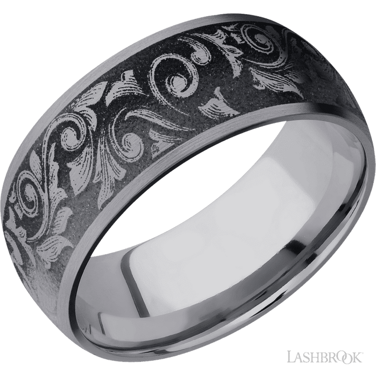 9 mm wide/Domed/Tantalum band with a laser carved Western Scroll pattern.