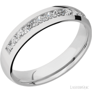 5 mm wide/Domed/Cobalt Chrome band with a Half Eternity arrangement of .07 carat Round Diamond stones in a Channel setting.